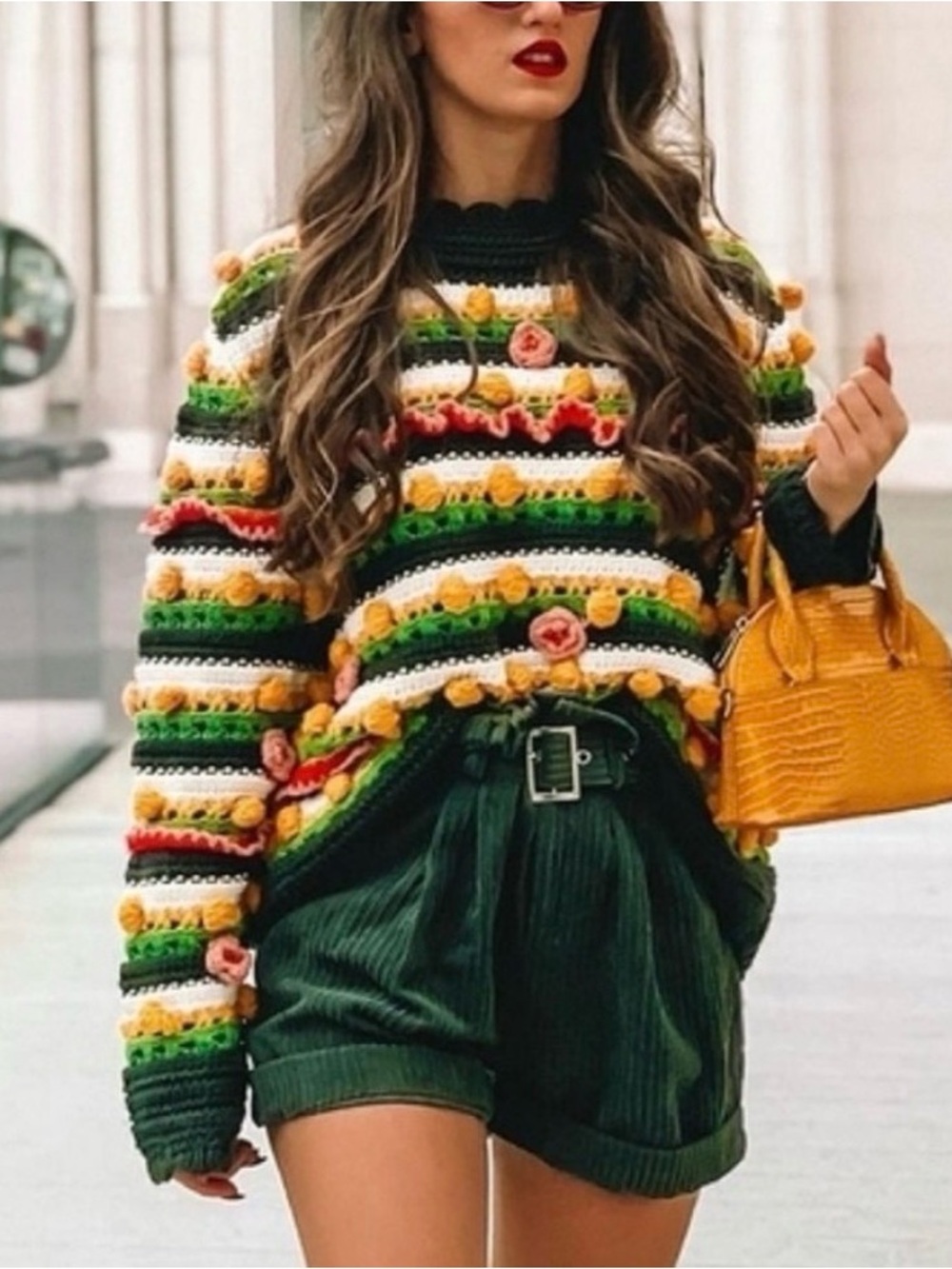 ZARA- Limited Edition-Chunky Crochet Striped Sweater in Green:White:Yellow/Pink